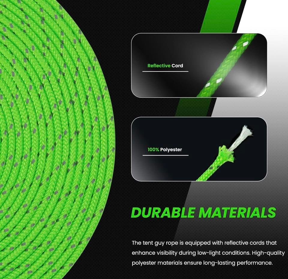 Abma Cord Tent Guy Ropes 4mm 30M Guy Line 6 Pcs Guy Rope Tensioners Heavy Duty Guide Rope for Camping, Gazebos, Awning, Tarp - Reflective Neon Green
