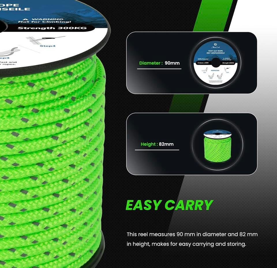 Abma Cord Tent Guy Ropes 4mm 30M Guy Line 6 Pcs Guy Rope Tensioners Heavy Duty Guide Rope for Camping, Gazebos, Awning, Tarp - Reflective Neon Green
