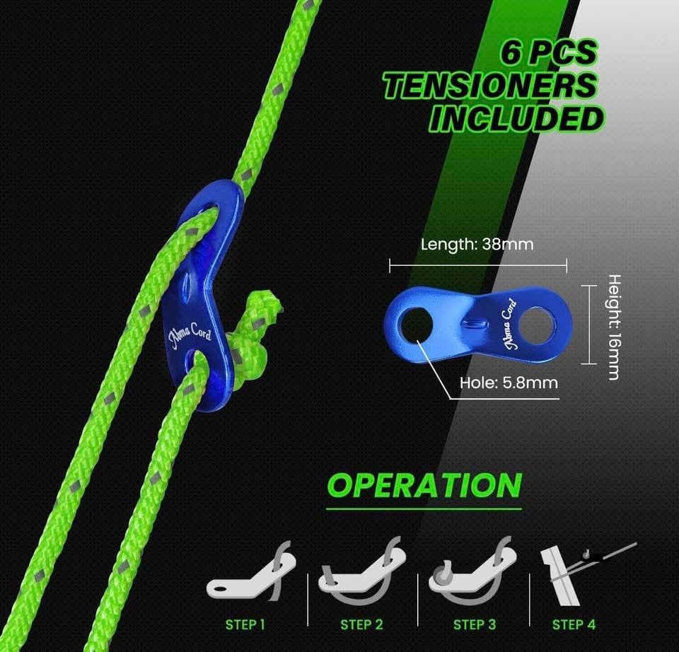 Abma Cord Tent Guy Ropes 4mm 30M Guy Line 6 Pcs Guy Rope Tensioners Heavy Duty Guide Rope for Camping, Gazebos, Awning, Tarp - Reflective Neon Green