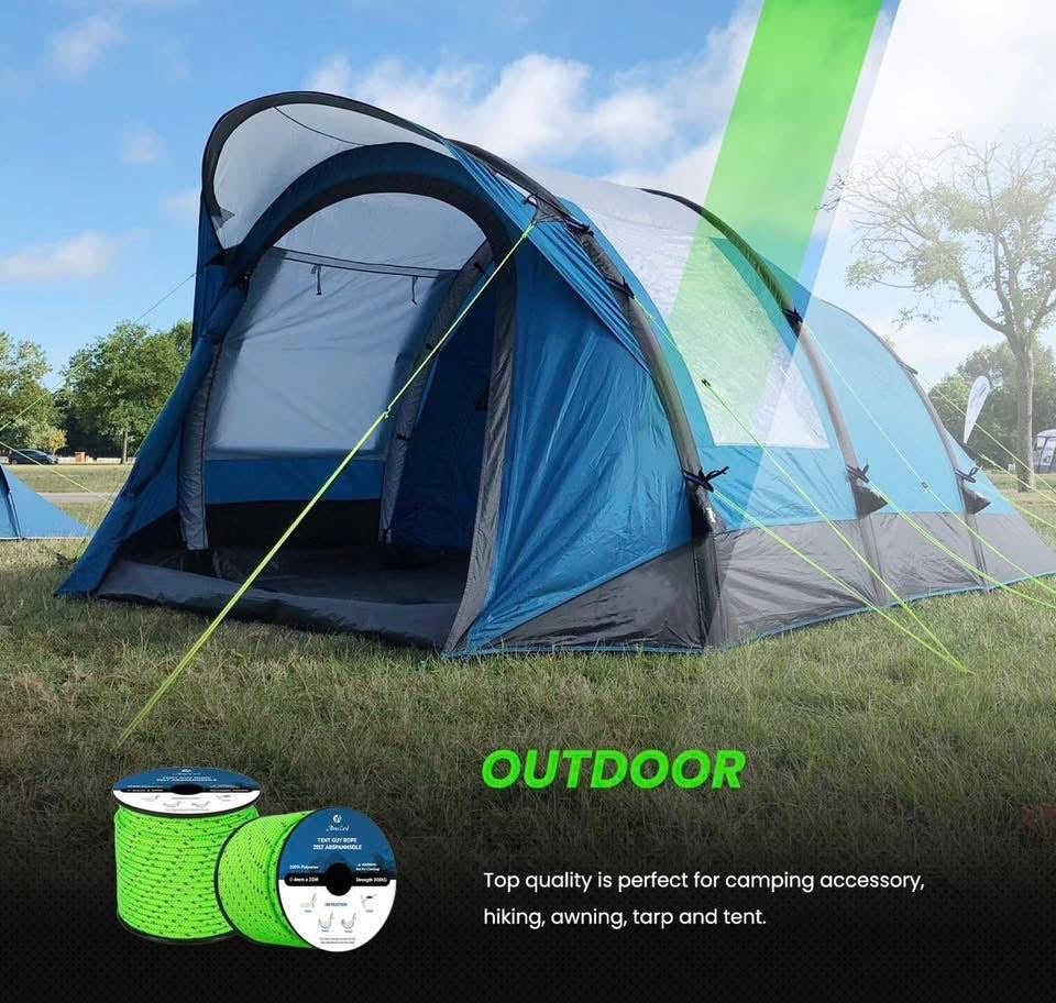 Abma Cord Tent Guy Ropes 4mm 30M Guy Line 6 Pcs Guy Rope Tensioners Heavy Duty Guide Rope for Camping, Gazebos, Awning, Tarp - Reflective Neon Green