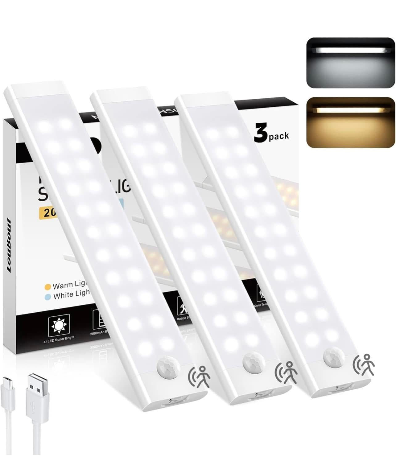 Motion Sensor Lights Indoor, 3 Pack 3 Color Temps Stepless Dimming USB-C Rechargeable Cupboard Light for Kitchen Wardrobe Hallway