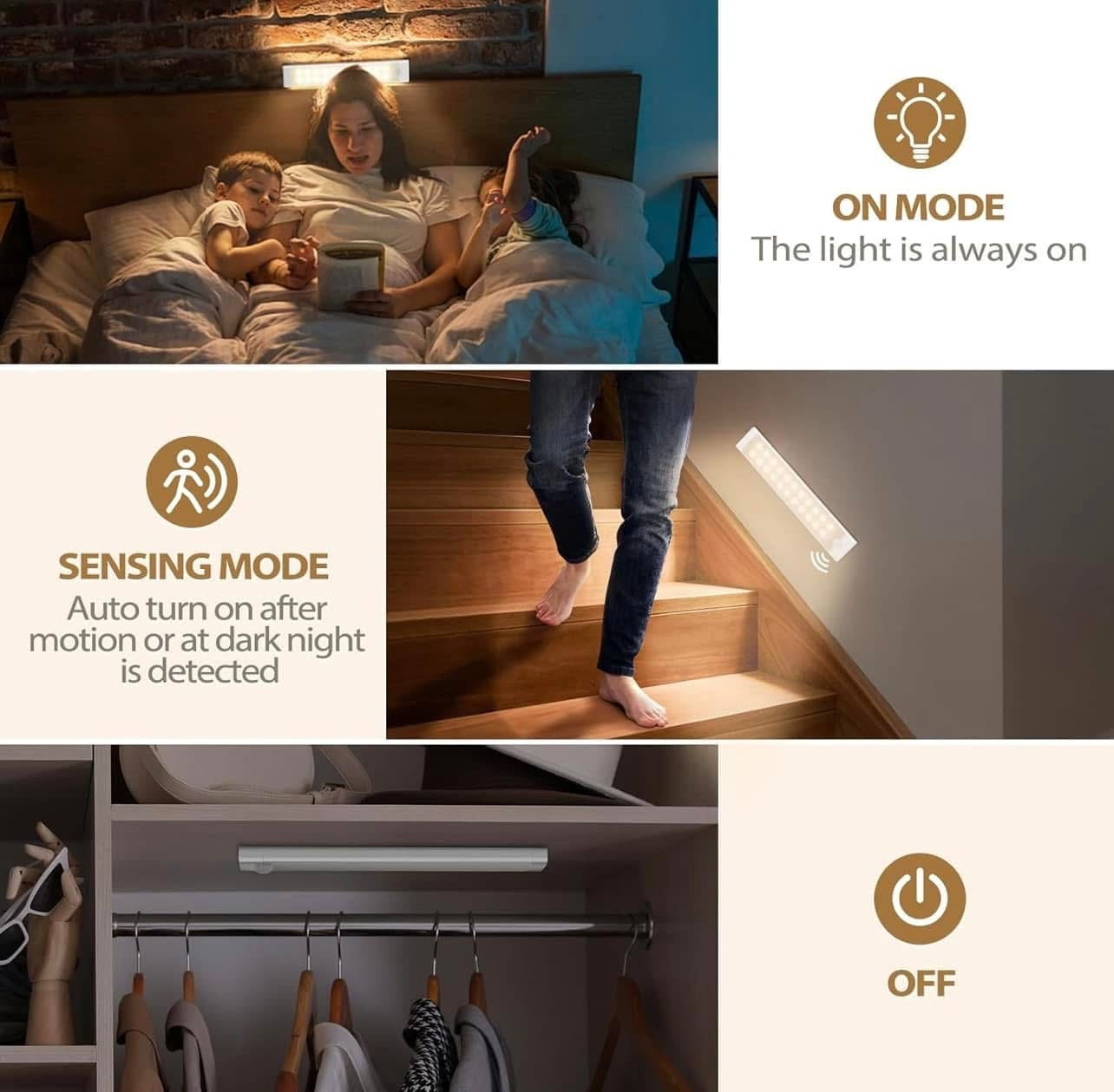 Motion Sensor Lights Indoor, 3 Pack 3 Color Temps Stepless Dimming USB-C Rechargeable Cupboard Light for Kitchen Wardrobe Hallway