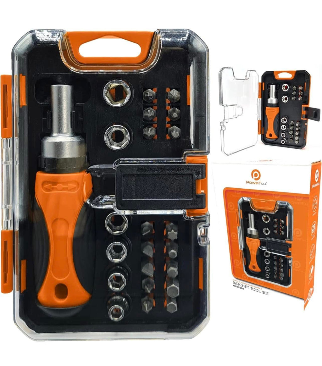 Compact 23-Piece Screw Driver Handle Tool Set with Ratchet, Sockets, and Screwdriver Bits - Home and Auto Essential Kit