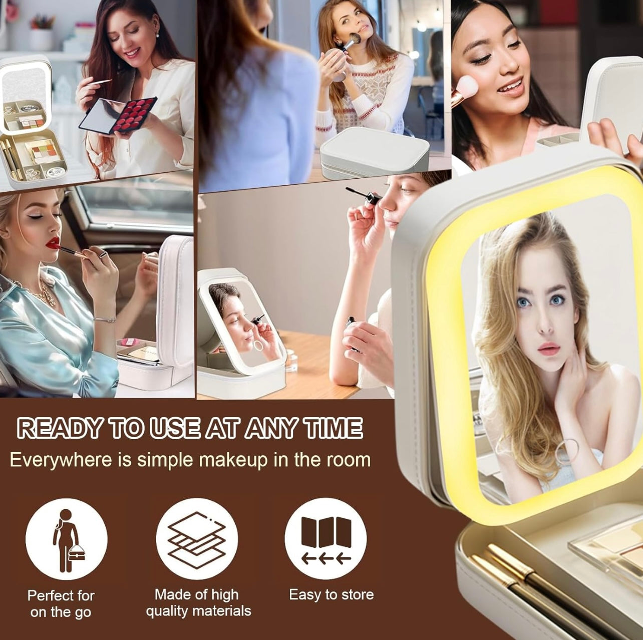 Cosmetic Bag with LED Mirror and Lead, Travel Makeup Organizer with Dividers, Portable Vanity Case for Women