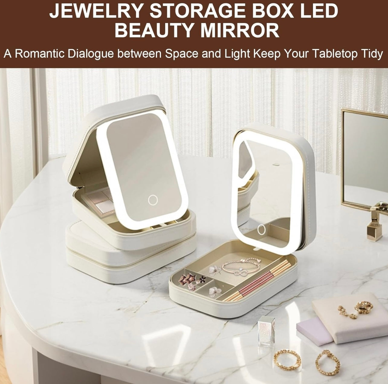 Cosmetic Bag with LED Mirror and Lead, Travel Makeup Organizer with Dividers, Portable Vanity Case for Women