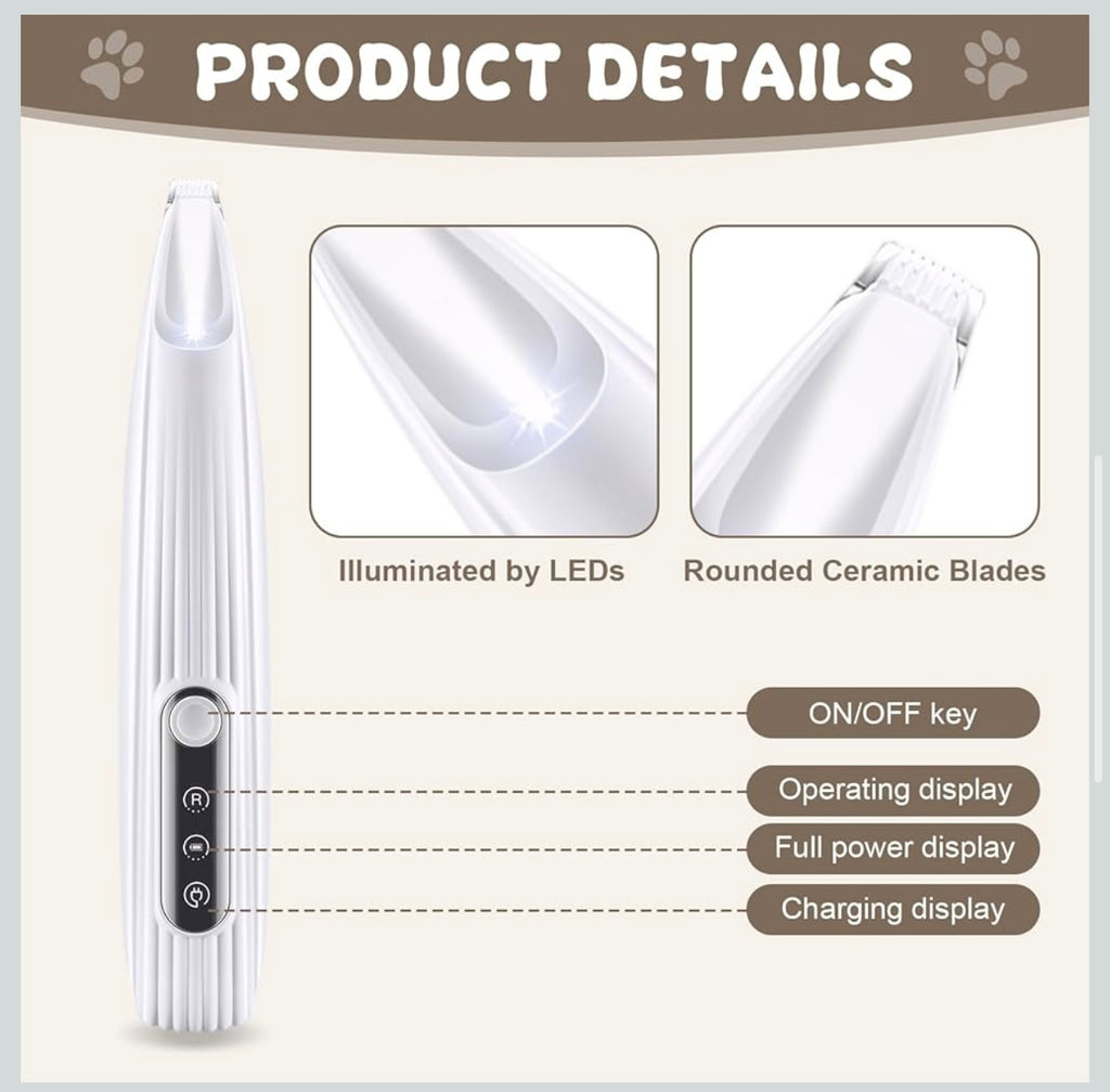 Precision Grooming Clipper for Dogs, Quiet Pet Paw Trimmer, Dog Clipper with LED Light, Waterproof & USB Charging Dog Trimmer, for Paws, Ears, Face, Body (White)
