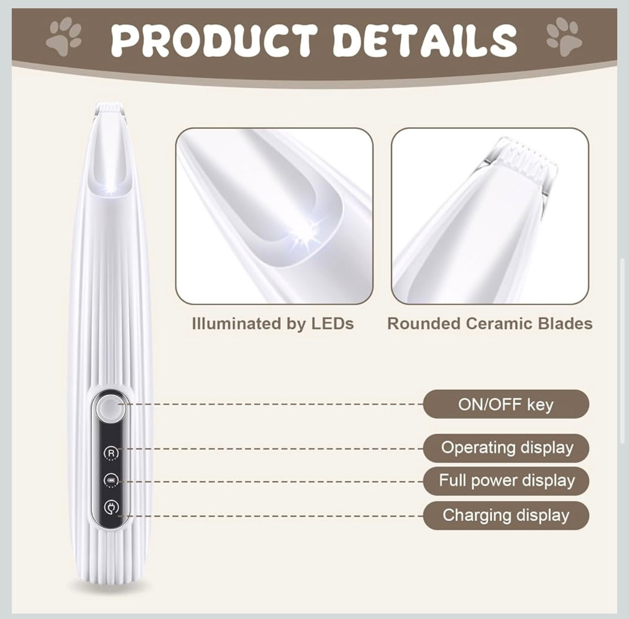Precision Grooming Clipper for Dogs, Quiet Pet Paw Trimmer, Dog Clipper with LED Light, Waterproof & USB Charging Dog Trimmer, for Paws, Ears, Face, Body (White)