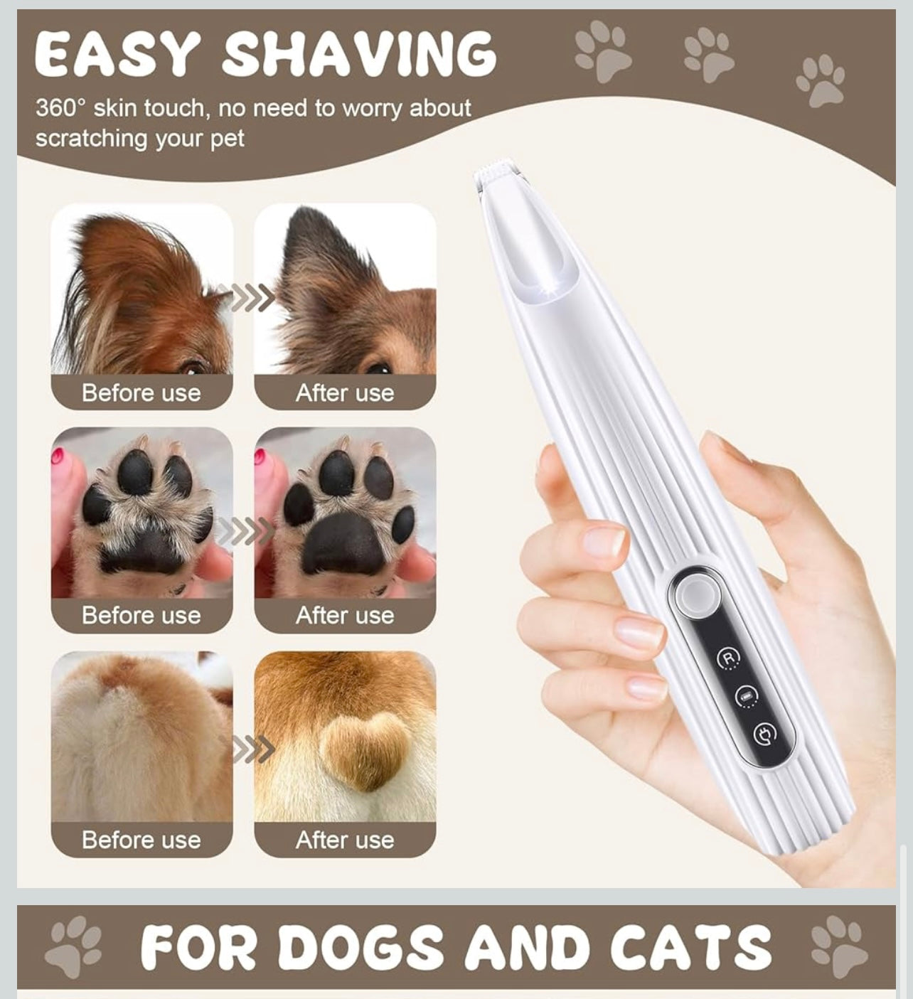 Precision Grooming Clipper for Dogs, Quiet Pet Paw Trimmer, Dog Clipper with LED Light, Waterproof & USB Charging Dog Trimmer, for Paws, Ears, Face, Body (White)