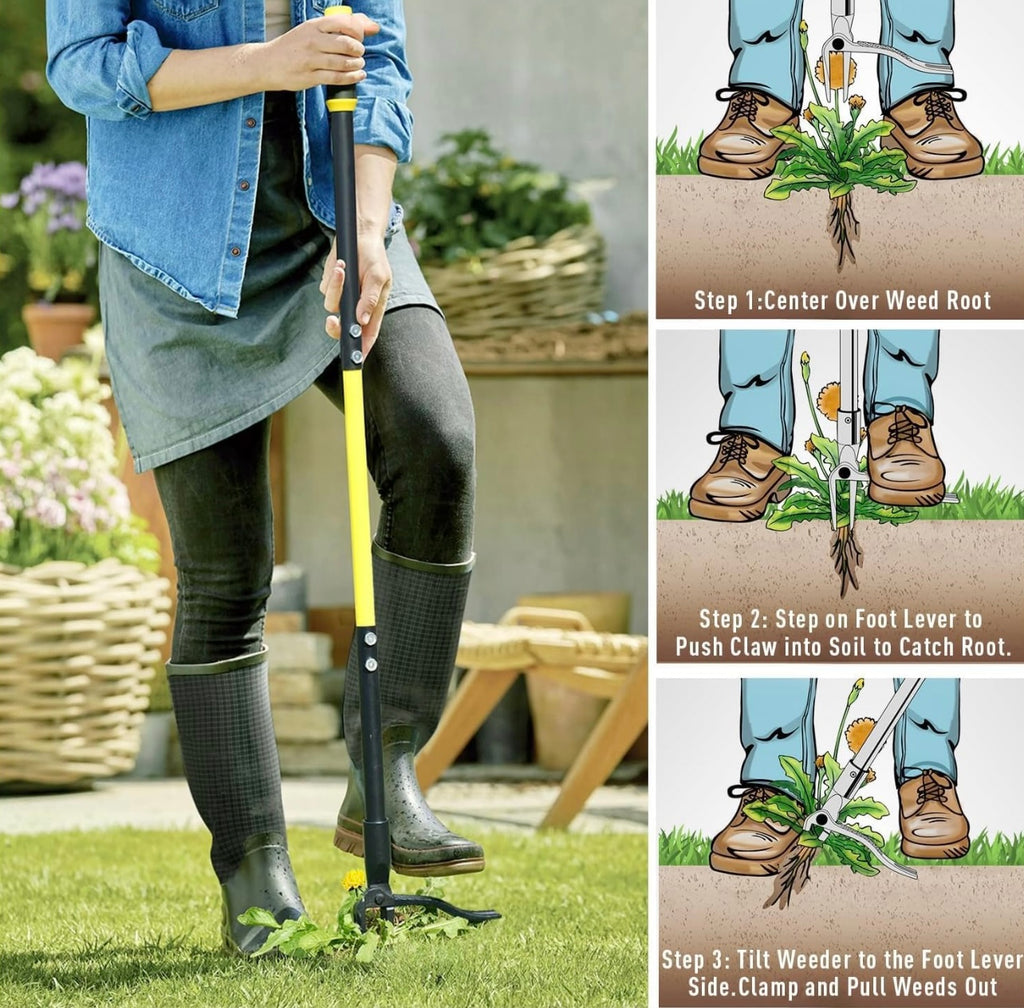 Jardineer Weed Remover Tool Stand Up, 45" Weeding Tools with 4 Claws, Long Handled Dandelion Puller Tool for Patio, Path, Driveway