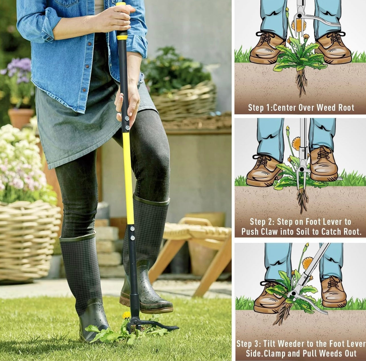 Jardineer Weed Remover Tool Stand Up, 45" Weeding Tools with 4 Claws, Long Handled Dandelion Puller Tool for Patio, Path, Driveway