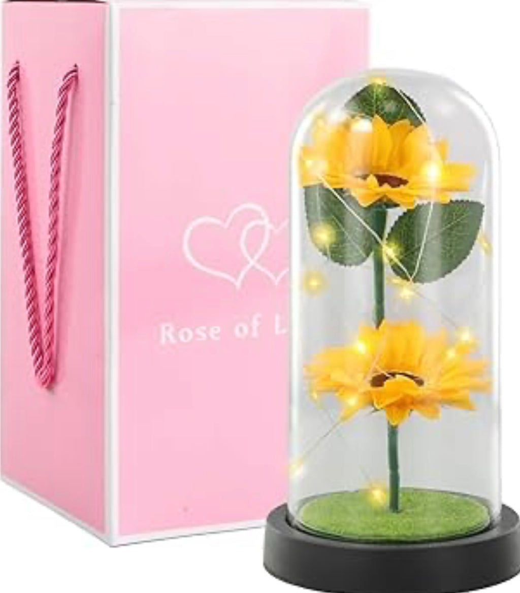 Jinlaili Sunflower gifts for women mother grandma eternal flower with LED in glass dome, flower gifts for mom, wife, unique eternal gift for wedding, anniversary,