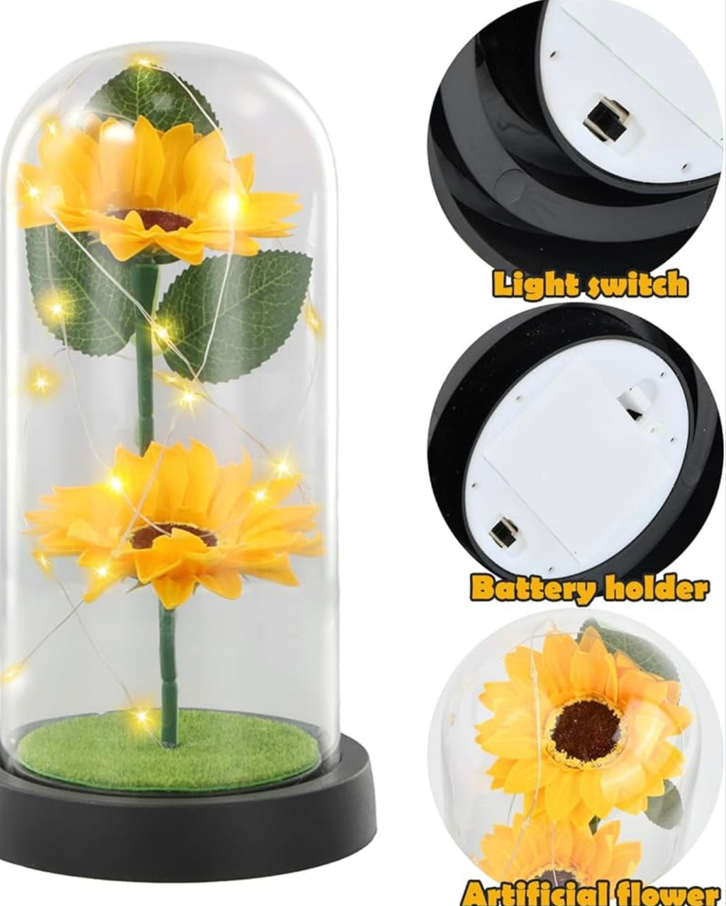 Jinlaili Sunflower gifts for women mother grandma eternal flower with LED in glass dome, flower gifts for mom, wife, unique eternal gift for wedding, anniversary,