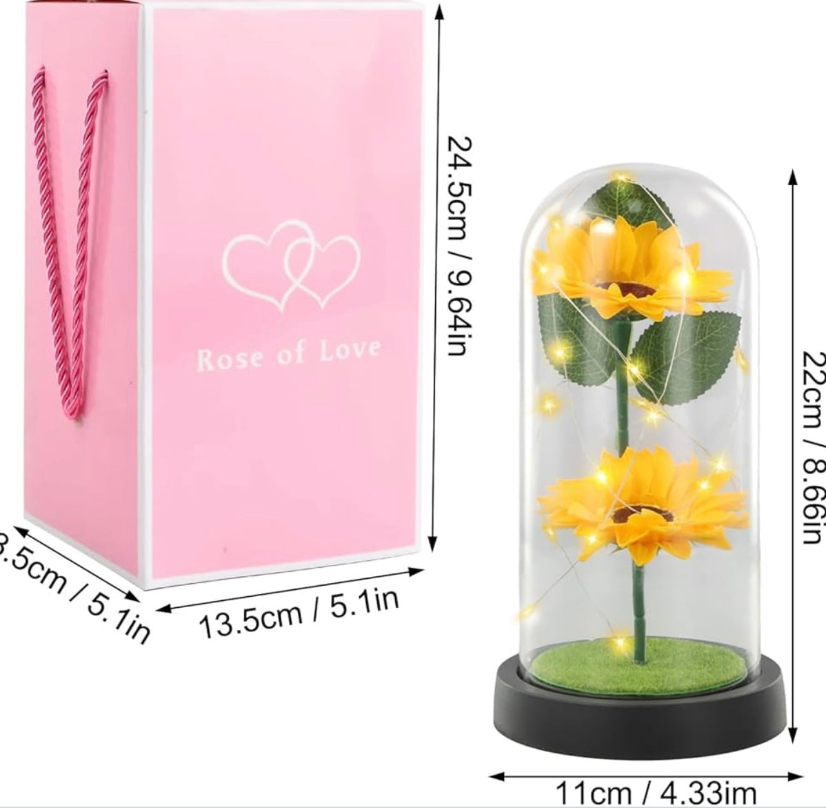 Jinlaili Sunflower gifts for women mother grandma eternal flower with LED in glass dome, flower gifts for mom, wife, unique eternal gift for wedding, anniversary,