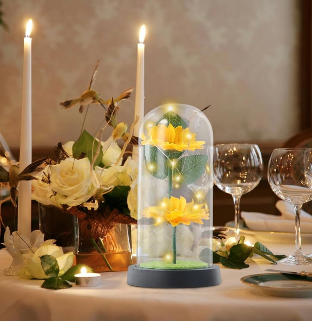 Jinlaili Sunflower gifts for women mother grandma eternal flower with LED in glass dome, flower gifts for mom, wife, unique eternal gift for wedding, anniversary,