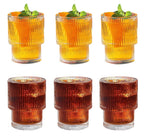 set of 6 ribbed glasses, vintage glasses, highball glasses, premium iced coffee glasses, clear glasses, cocktail glasses, and elegant glassware suitable for water, juice, whiskey, and beer