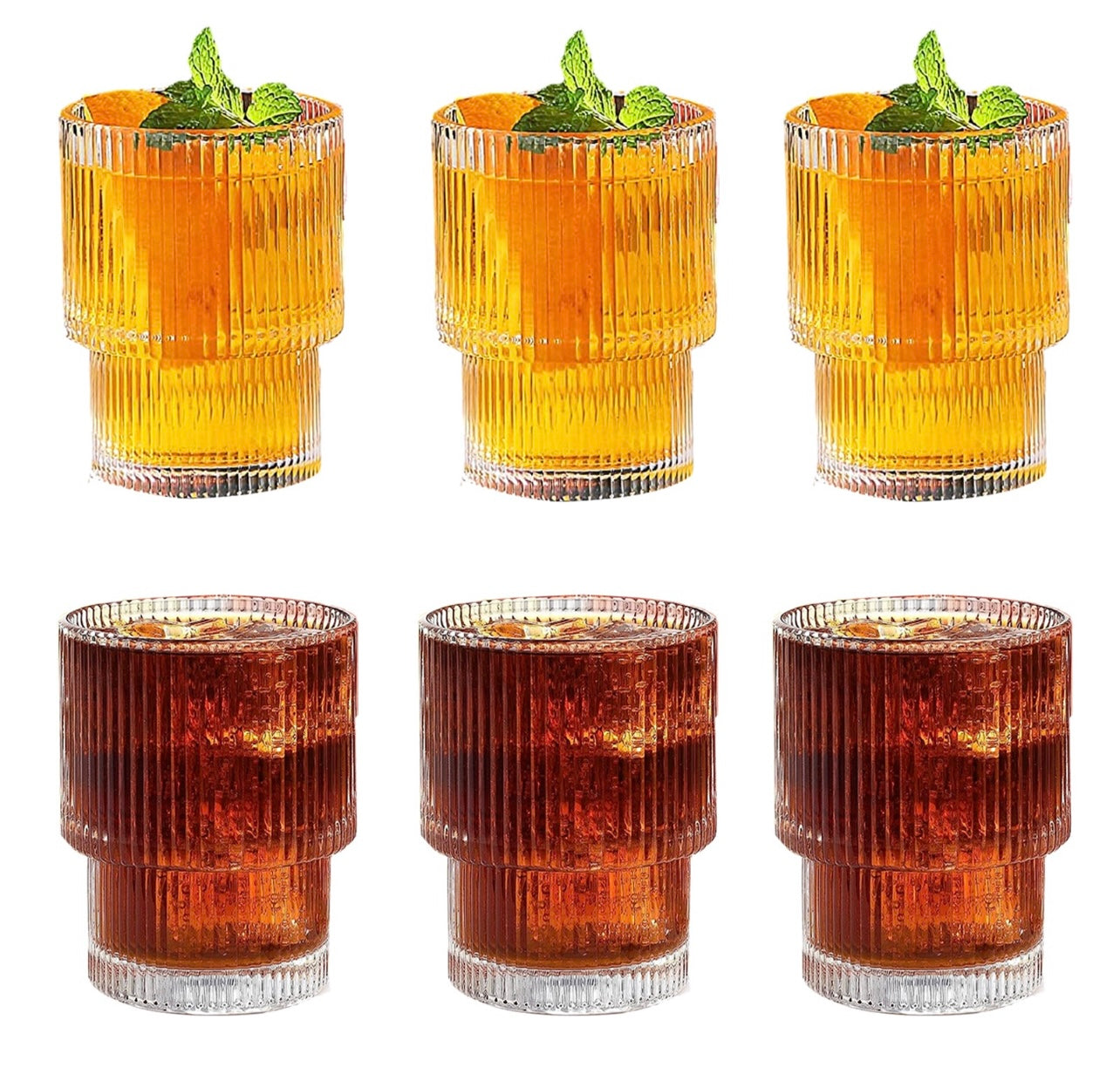 set of 6 ribbed glasses, vintage glasses, highball glasses, premium iced coffee glasses, clear glasses, cocktail glasses, and elegant glassware suitable for water, juice, whiskey, and beer