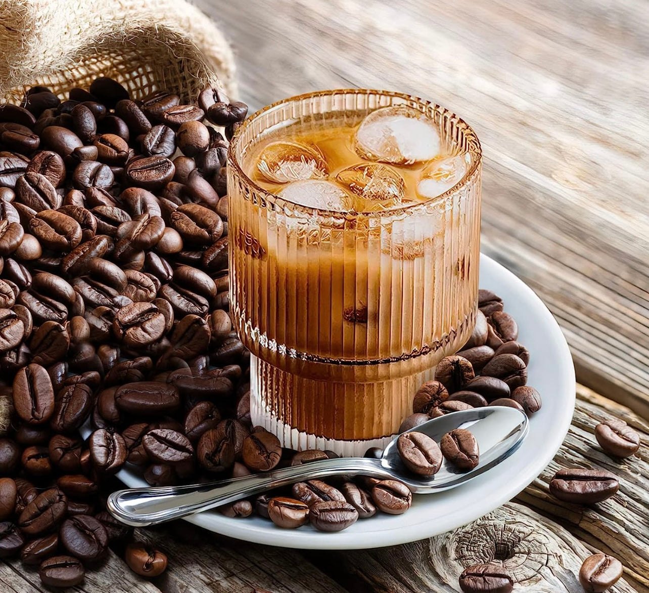 set of 6 ribbed glasses, vintage glasses, highball glasses, premium iced coffee glasses, clear glasses, cocktail glasses, and elegant glassware suitable for water, juice, whiskey, and beer