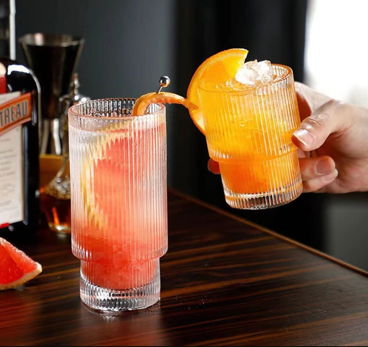 set of 6 ribbed glasses, vintage glasses, highball glasses, premium iced coffee glasses, clear glasses, cocktail glasses, and elegant glassware suitable for water, juice, whiskey, and beer