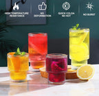 set of 6 ribbed glasses, vintage glasses, highball glasses, premium iced coffee glasses, clear glasses, cocktail glasses, and elegant glassware suitable for water, juice, whiskey, and beer