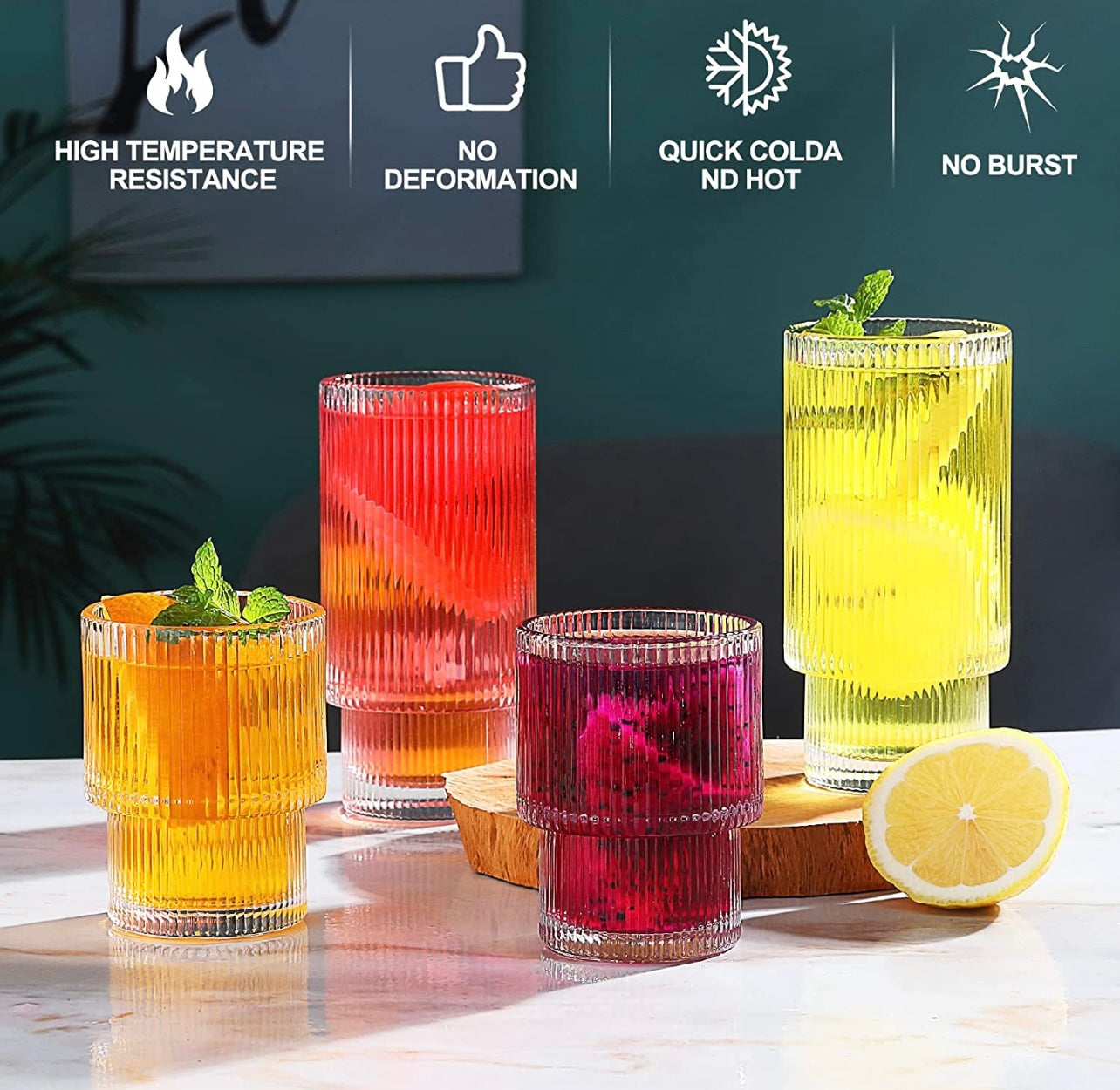set of 6 ribbed glasses, vintage glasses, highball glasses, premium iced coffee glasses, clear glasses, cocktail glasses, and elegant glassware suitable for water, juice, whiskey, and beer