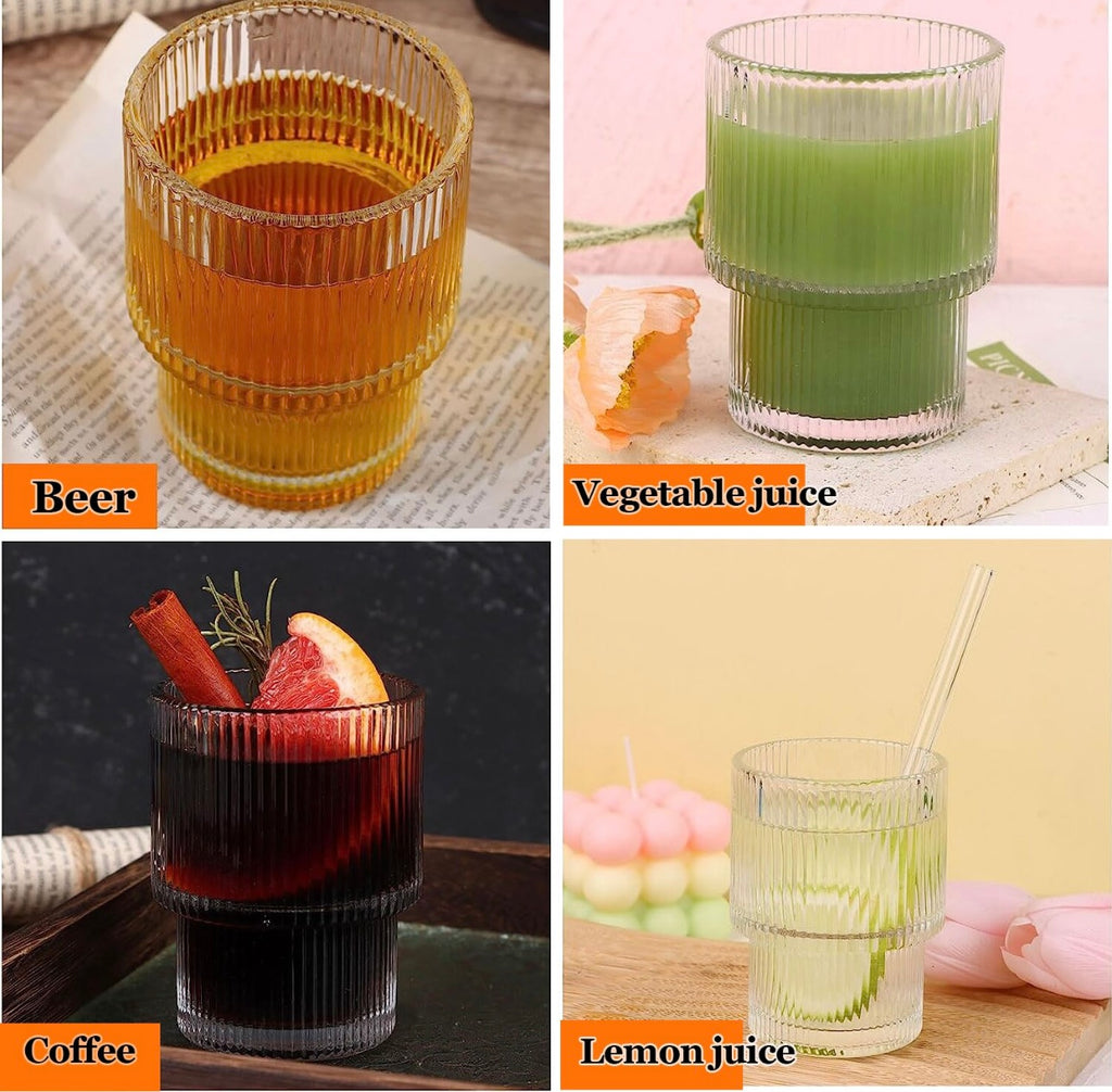 set of 6 ribbed glasses, vintage glasses, highball glasses, premium iced coffee glasses, clear glasses, cocktail glasses, and elegant glassware suitable for water, juice, whiskey, and beer