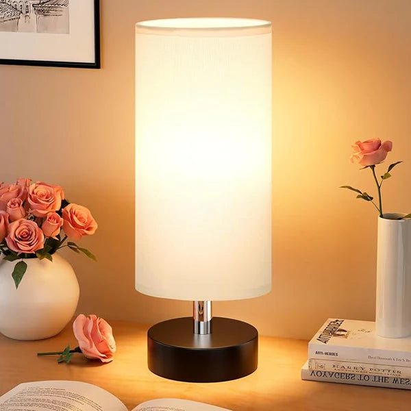 Seealle Small Table Lamp White Linen Shade,  Bedside Lamp