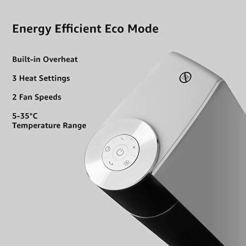 Amazon Basics ECO Oscillating Portable Tower Heater, 2 Fan Speeds, 3 Heat Settings, Timer and Remote Control, with UK plug, 2200W