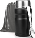 Food Flask, 750ml Vacuum Insulated Food Jar Stainless Steel Double Walled Vacuum Insulated Food Containers for Hot Cold Food, Kids and Adults Leakproof Soup Flask with Folding Spoon & Bag - Black