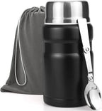 Food Flask, 750ml Vacuum Insulated Food Jar Stainless Steel Double Walled Vacuum Insulated Food Containers for Hot Cold Food, Kids and Adults Leakproof Soup Flask with Folding Spoon & Bag - Black