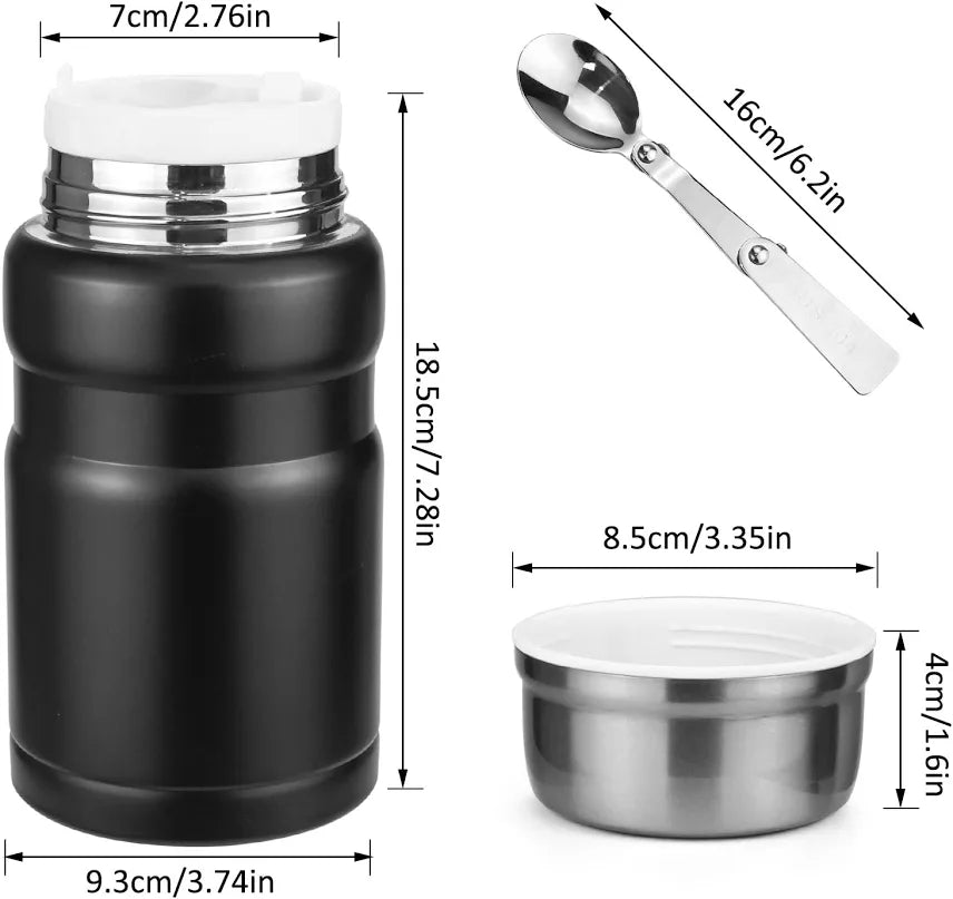 Food Flask, 750ml Vacuum Insulated Food Jar Stainless Steel Double Walled Vacuum Insulated Food Containers for Hot Cold Food, Kids and Adults Leakproof Soup Flask with Folding Spoon & Bag - Black