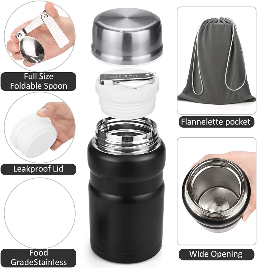 Food Flask, 750ml Vacuum Insulated Food Jar Stainless Steel Double Walled Vacuum Insulated Food Containers for Hot Cold Food, Kids and Adults Leakproof Soup Flask with Folding Spoon & Bag - Black