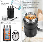 Food Flask, 750ml Vacuum Insulated Food Jar Stainless Steel Double Walled Vacuum Insulated Food Containers for Hot Cold Food, Kids and Adults Leakproof Soup Flask with Folding Spoon & Bag - Black