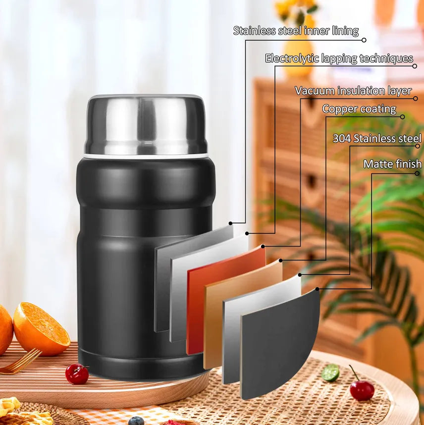 Food Flask, 750ml Vacuum Insulated Food Jar Stainless Steel Double Walled Vacuum Insulated Food Containers for Hot Cold Food, Kids and Adults Leakproof Soup Flask with Folding Spoon & Bag - Black
