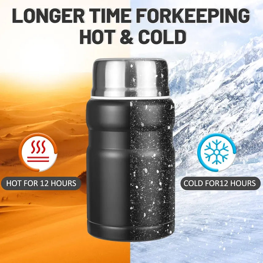 Food Flask, 750ml Vacuum Insulated Food Jar Stainless Steel Double Walled Vacuum Insulated Food Containers for Hot Cold Food, Kids and Adults Leakproof Soup Flask with Folding Spoon & Bag - Black