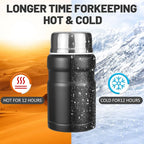 Food Flask, 750ml Vacuum Insulated Food Jar Stainless Steel Double Walled Vacuum Insulated Food Containers for Hot Cold Food, Kids and Adults Leakproof Soup Flask with Folding Spoon & Bag - Black