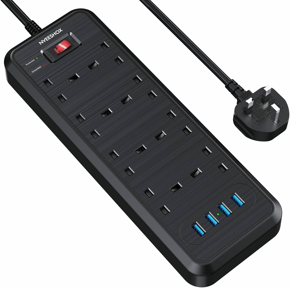 Extension Lead with 4 USB Slots, 8 Way Multi-Plug with 2M Extension Cord, 3250W Surge Protection Independent Switch Extension Cable, Wall Mounted Smart UK Power Socket for Home Office