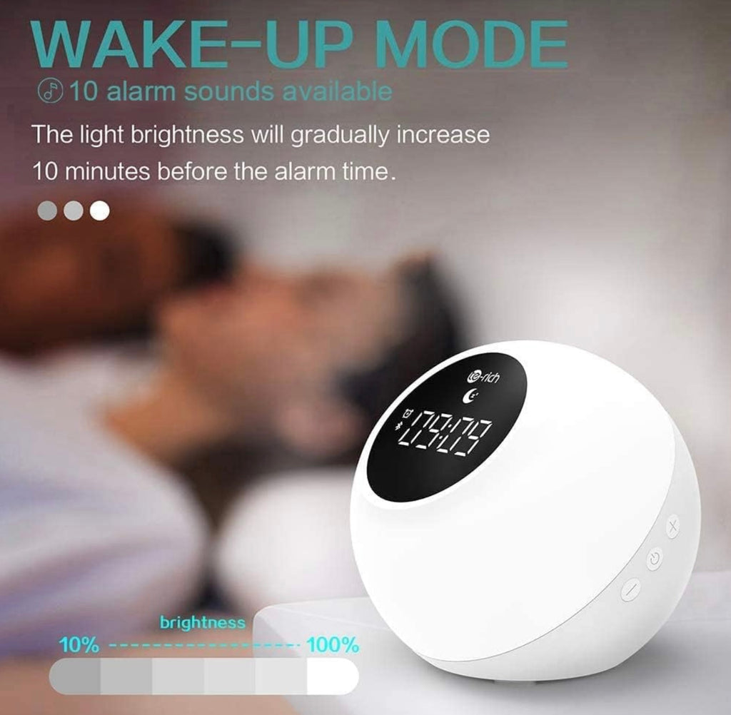 Te-Rich Rechargeable Alarm Clock with Bluetooth Speakers, Illuminated Alarm Clock, Portable with Touch Control, 10 Ringtones, 6 Hypnotic Sounds