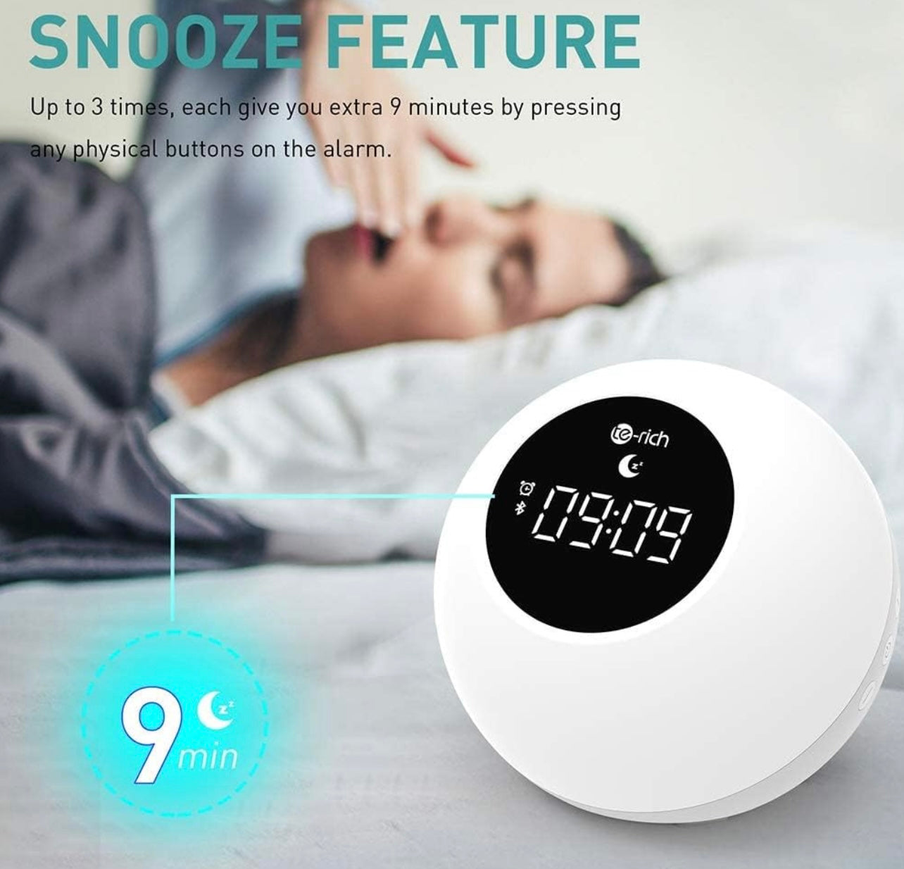 Te-Rich Rechargeable Alarm Clock with Bluetooth Speakers, Illuminated Alarm Clock, Portable with Touch Control, 10 Ringtones, 6 Hypnotic Sounds