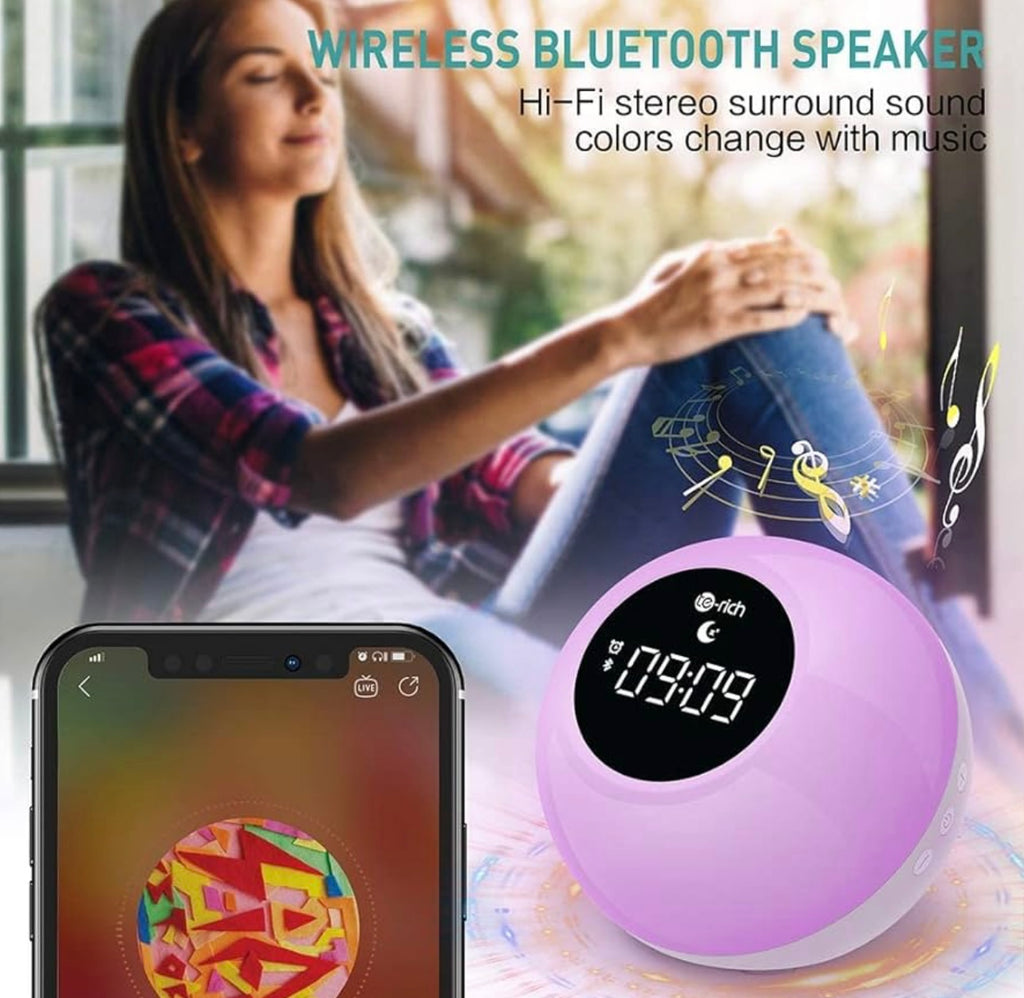 Te-Rich Rechargeable Alarm Clock with Bluetooth Speakers, Illuminated Alarm Clock, Portable with Touch Control, 10 Ringtones, 6 Hypnotic Sounds