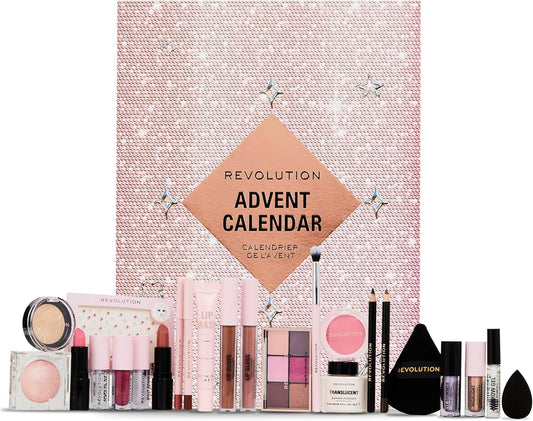 Revolution Beauty 24-Piece Holiday Beauty Advent Calendar, Makeup Gift Set with Lip Gloss, Nourishing Lip Masks, Brushes & Brow Gel