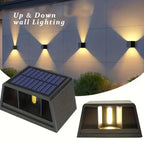 Solar wall lamp, LED solar up and down lights, motion sensor outdoor lights, courtyard atmosphere lights, human sensitive heating lights. Suitable for front door, yard, garage, garden, patio, & deck