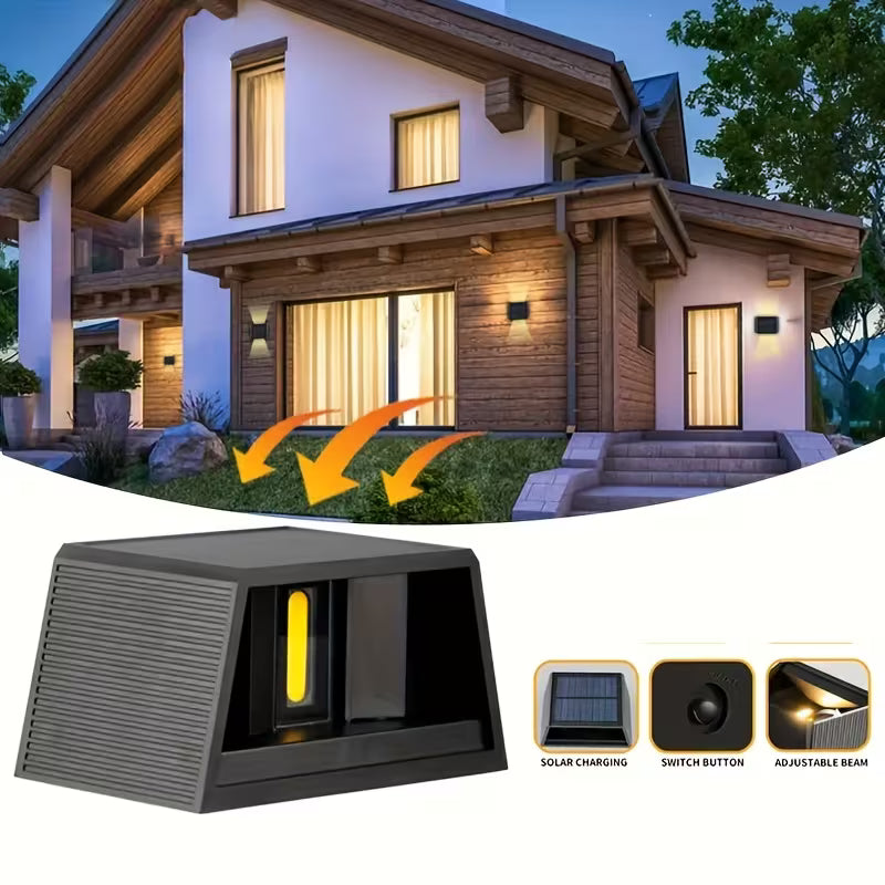 Solar wall lamp, LED solar up and down lights, motion sensor outdoor lights, courtyard atmosphere lights, human sensitive heating lights. Suitable for front door, yard, garage, garden, patio, & deck
