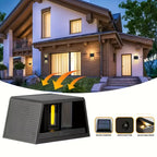 Solar wall lamp, LED solar up and down lights, motion sensor outdoor lights, courtyard atmosphere lights, human sensitive heating lights. Suitable for front door, yard, garage, garden, patio, & deck