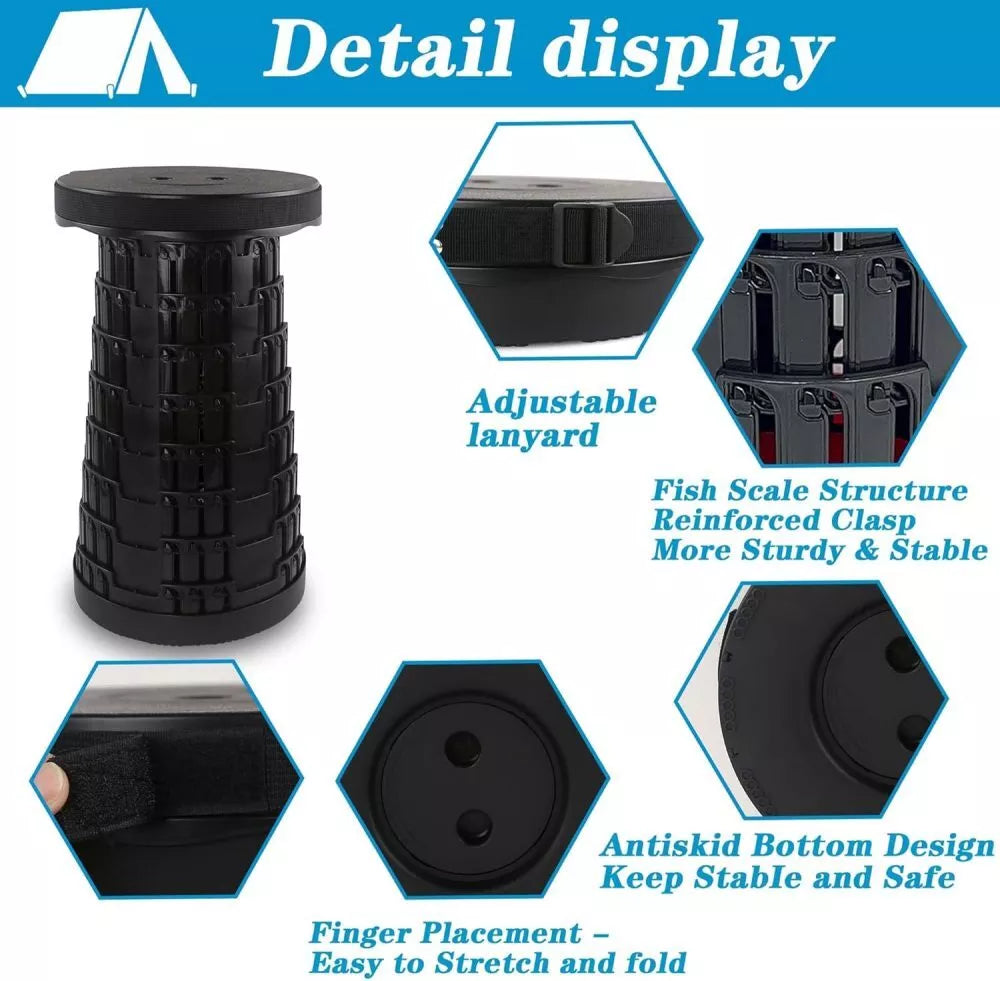 Telescopic Portable Retractable Folding Stool – Heavy-Duty, Adjustable Height, Black