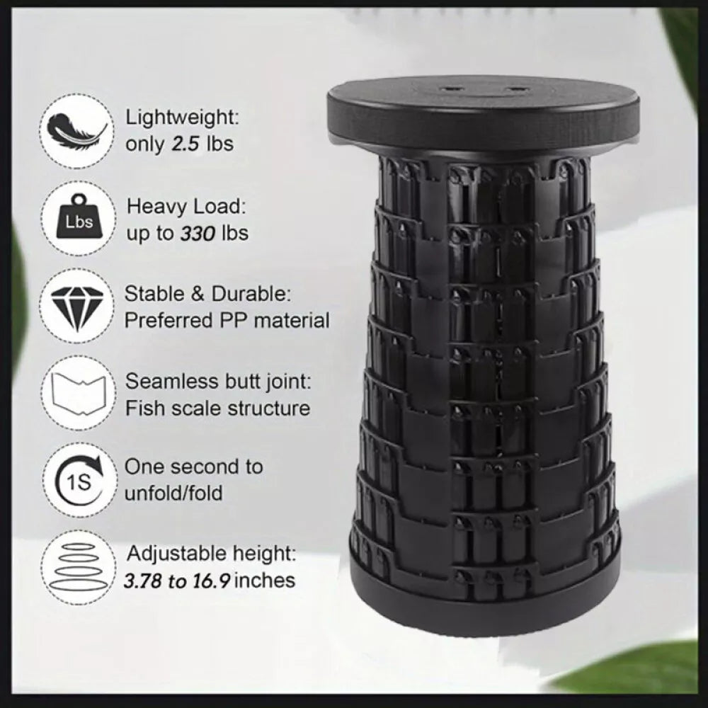 Telescopic Portable Retractable Folding Stool – Heavy-Duty, Adjustable Height, Black