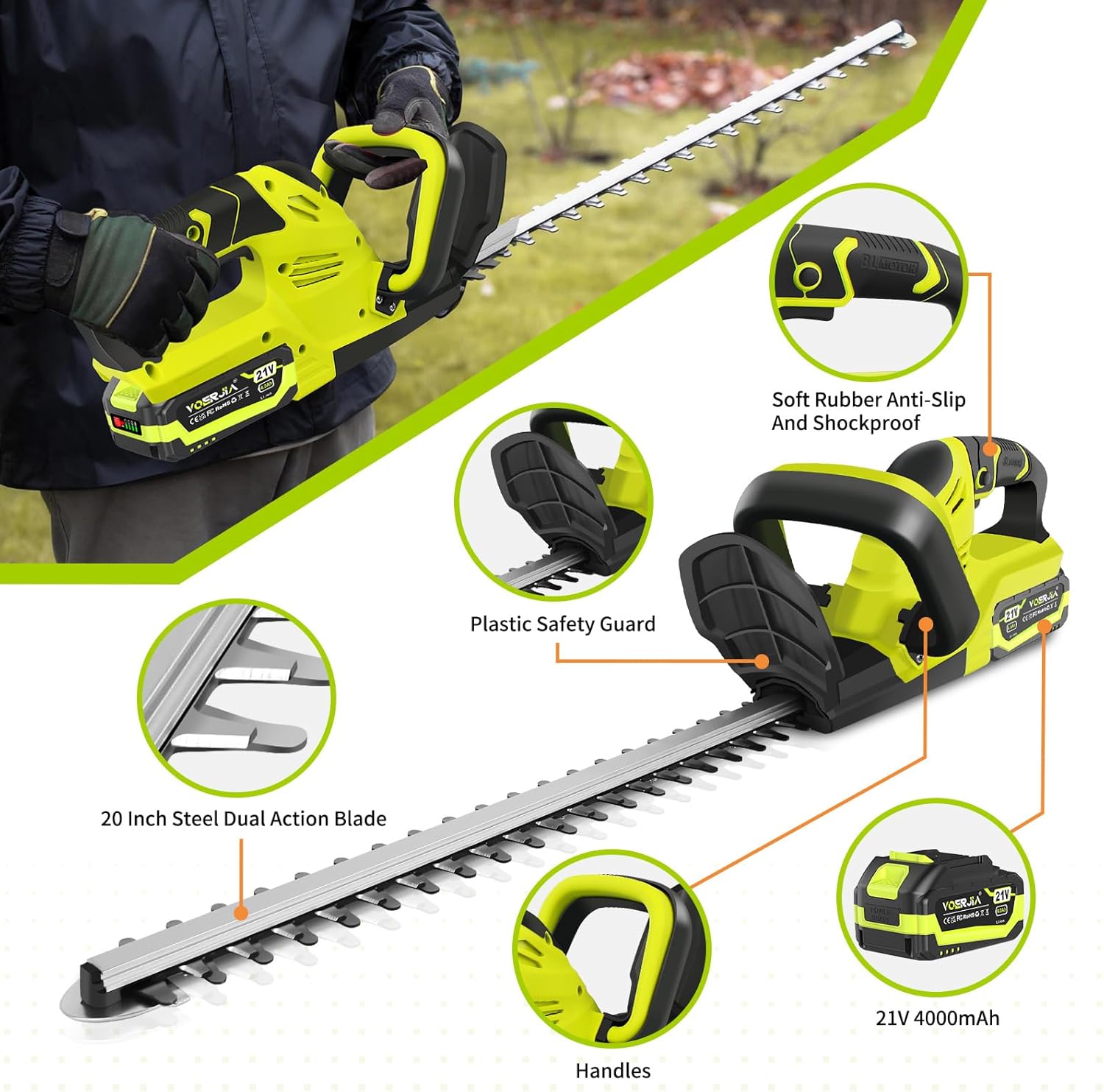 VOERJIA Cordless Hedge Trimmer, Lightweight & Easy Electric Hedge Cutter with 2 x 4.0Ah Batteries, 50cm Blade Brushless Garden Trimmer for Precise Hedge & Bush Cutting