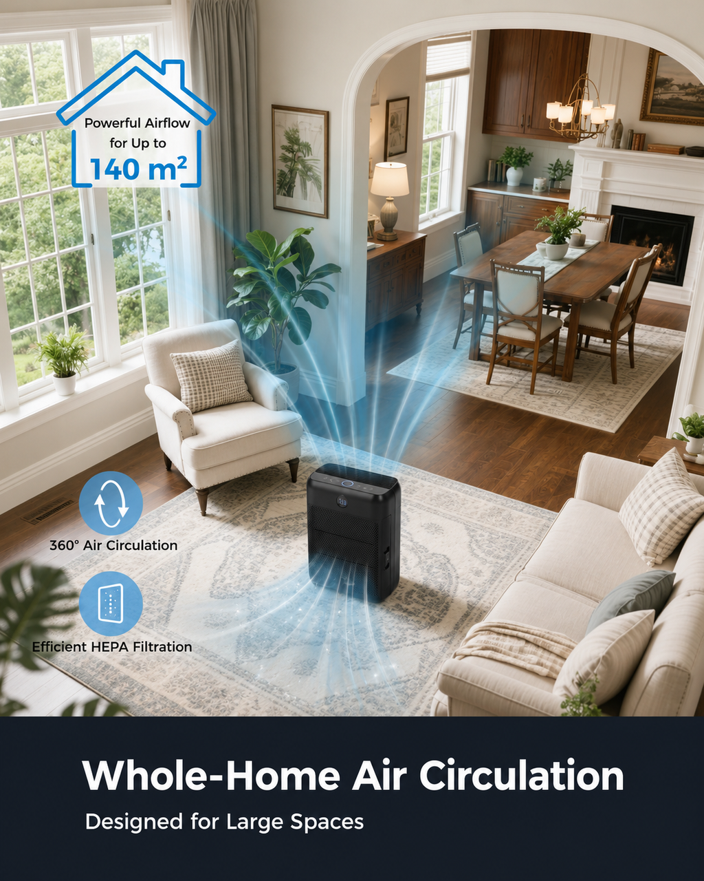 Air purifier for allergy sufferers, with H13 HEPA filters & 3 × pre-filters, CADR 326m³/h, Covers Up to 1999.8 ft², air purifiers for home air filtering, child lock, 22dB, against pollen and pet hair