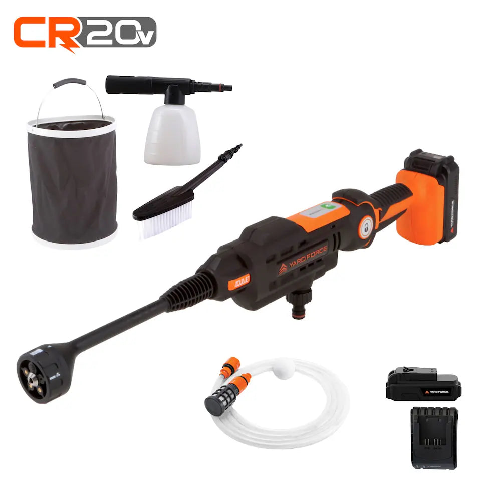 Yard Force 20V 2.5Ah 5-in-1 Aquajet Cordless Pressure Cleaner 22 Bar Pressure 370L/h Flow Rate 6m Hose with Accessories | Black