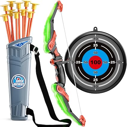 TEMI Bow and Arrow Set for Kids with LED Lights-Archery Set with Suction Cup Arrows, Quivers & Standing Target, Outdoor Toys for Children Boys & Girls Ages 3-12 Years Old