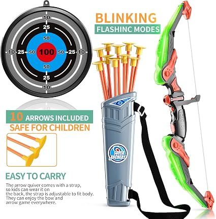 TEMI Bow and Arrow Set for Kids with LED Lights-Archery Set with Suction Cup Arrows, Quivers & Standing Target, Outdoor Toys for Children Boys & Girls Ages 3-12 Years Old